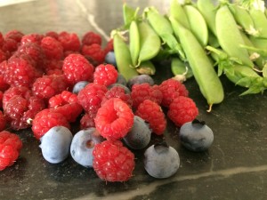 Raspberries, blueberries, sugarsnap peas